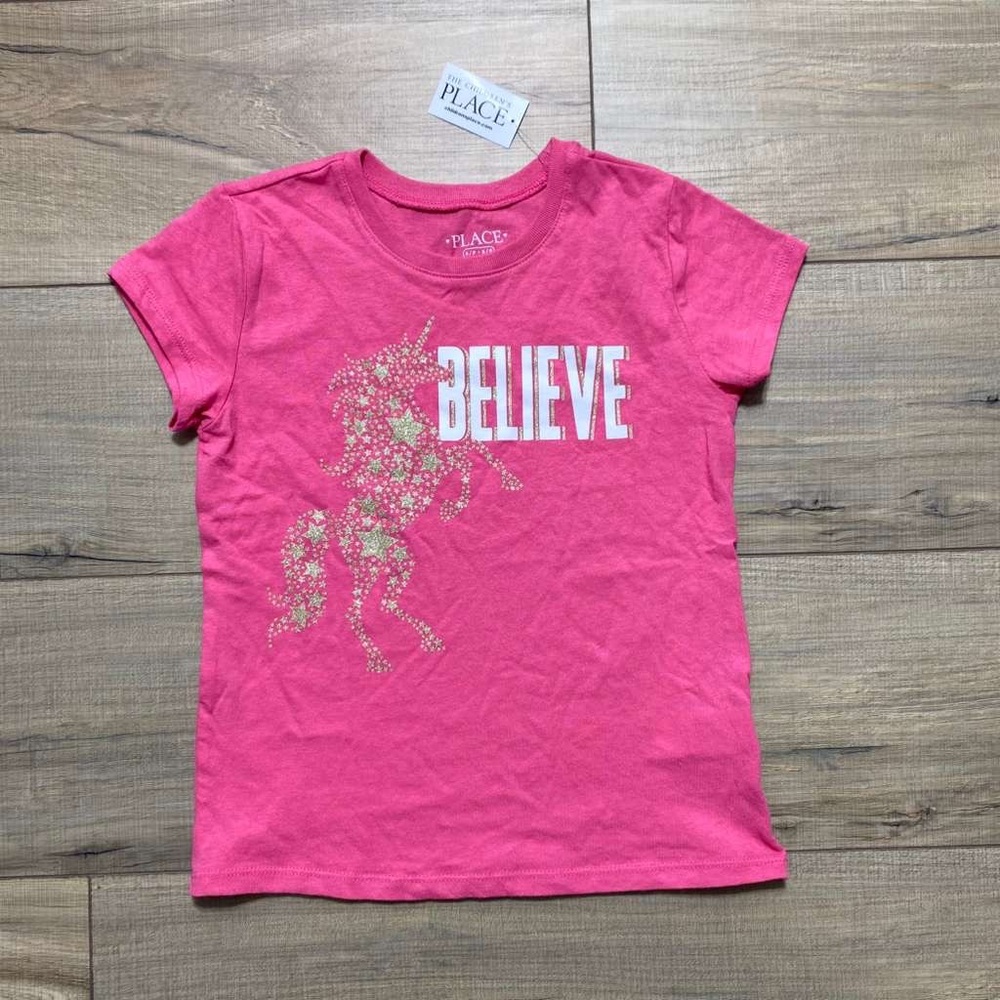 The Childrens‎ Place Girls Beleive Unicorn Short Sleeve Graphic Shirt Small Pink